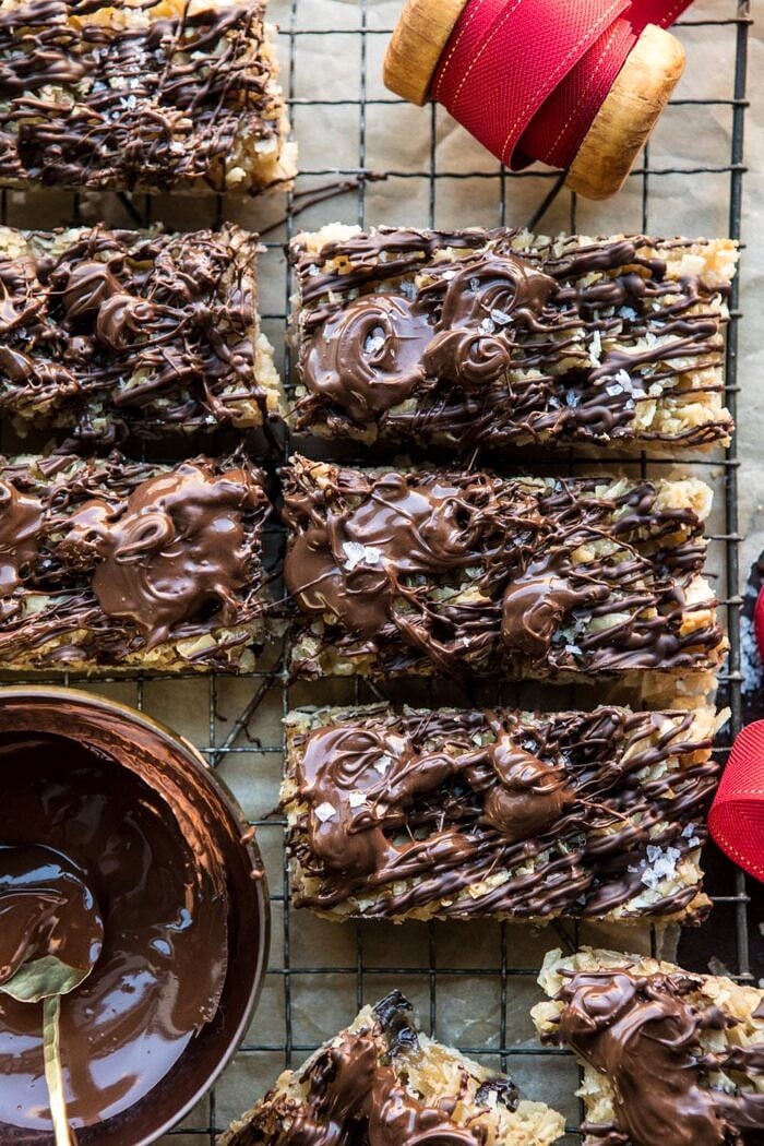 overhead close up photo of Salted Chocolate Coconut Bars 