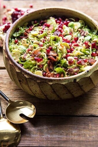 Shredded Brussels Sprout Bacon Salad with Warm Cider Vinaigrette | halfbakedharvest.com #brusselssprouts #salad #thanksgiving #fall #winter #healthy