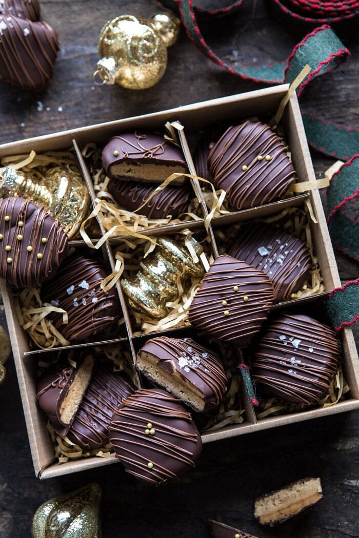 Slice n' Bake Chocolate Covered Peanut Butter Cookies | halfbakedharvest.com #cookies #Christmas #easyrecipes #chocolate #peanutbutter close up overhead photo of Slice n' Bake Chocolate Covered Peanut Butter Cookies