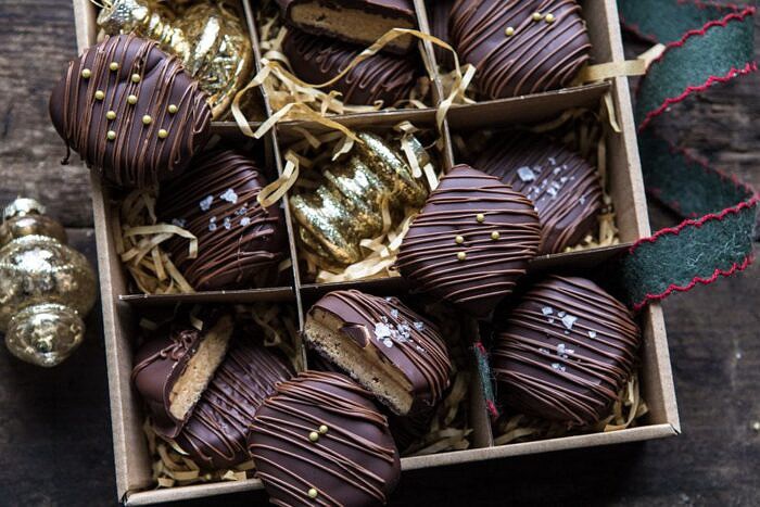 Slice n' Bake Chocolate Covered Peanut Butter Cookies | halfbakedharvest.com #cookies #Christmas #easyrecipes #chocolate #peanutbutter horizontal photo ofo Slice n' Bake Chocolate Covered Peanut Butter Cookies