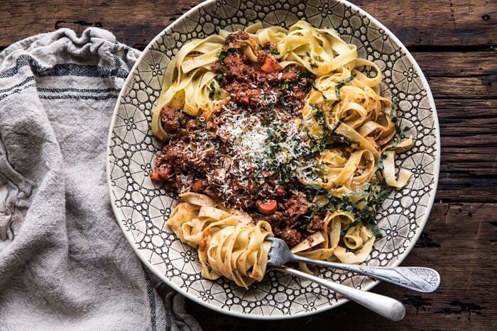 Slow Cooker Vodka Bolognese Pasta | halfbakedharvest.com #pasta #italian #bolognese #slowcooker horizontal photo of Slow Cooker Vodka Bolognese Pasta