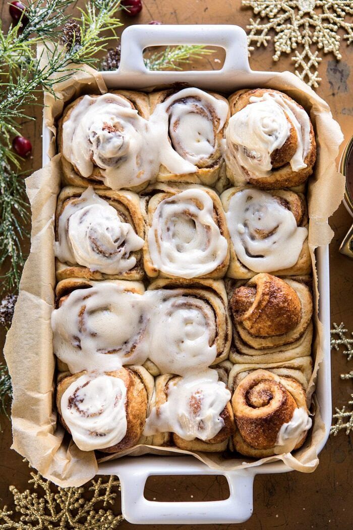 Easiest Overnight Eggnog Brioche Cinnamon Rolls | halfbakedharvest.com #cinnamonrolls #Christmas #easyrecipes #eggnog overhead photo of Easiest Overnight Eggnog Brioche Cinnamon Rolls