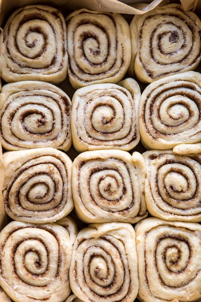 Easiest Overnight Eggnog Brioche Cinnamon Rolls | halfbakedharvest.com #cinnamonrolls #Christmas #easyrecipes #eggnog Easiest Overnight Eggnog Brioche Cinnamon Rolls before baking