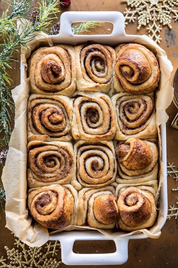 Easiest Overnight Eggnog Brioche Cinnamon Rolls | halfbakedharvest.com #cinnamonrolls #Christmas #easyrecipes #eggnog Easiest Overnight Eggnog Brioche Cinnamon Rolls after baking