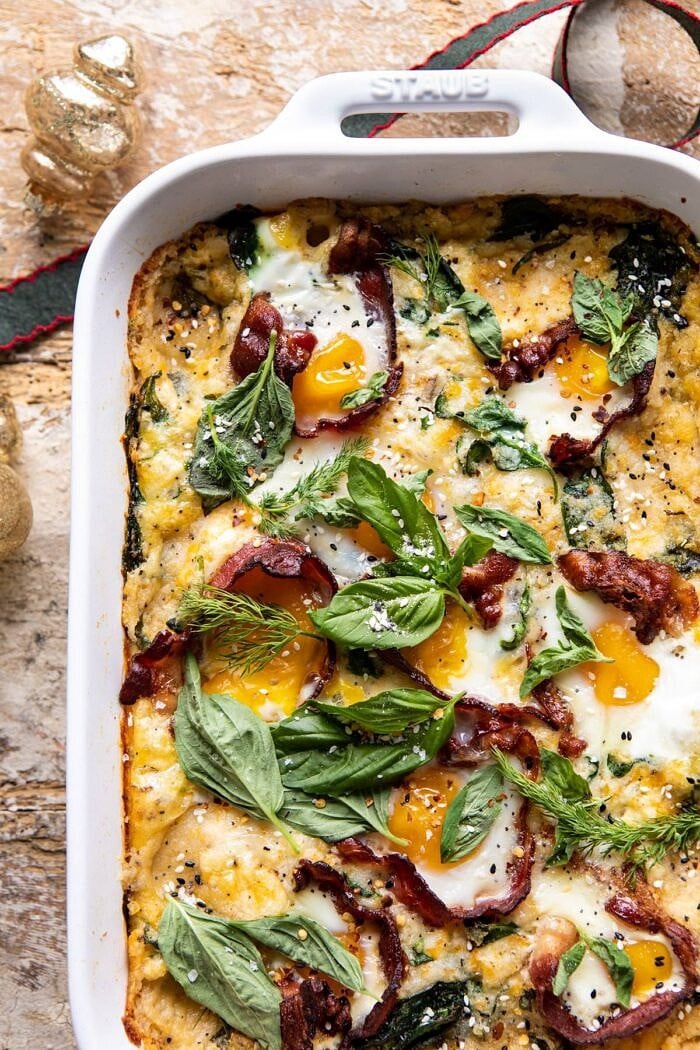 overhead photo of Everything Cheesy Potato and Egg Breakfast Casserole