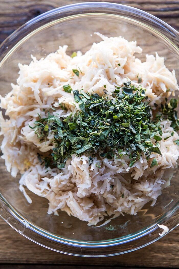 Herbed Cheddar Latkes | halfbakedharvest.com #potatoes #latkes #cheese #holiday #christmas #Hanukkah overhead photo of Latke batter