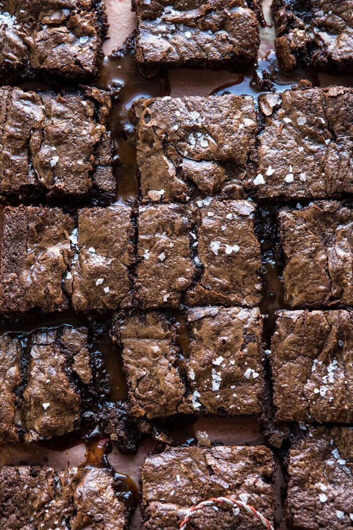 overhead close up photo of Salted Caramel and Milk Chocolate Brownies
