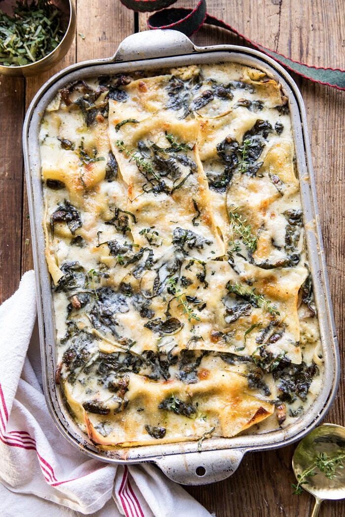 overhead photo of White Pesto Spinach Lasagna