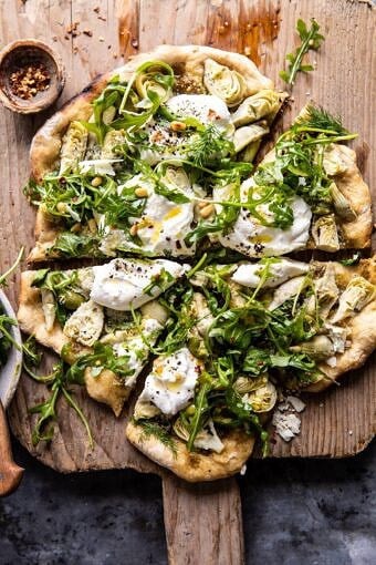 Artichoke Pesto and Burrata Pizza with Lemony Arugula | halfbakedharvest.com #pizza #healthy #burrata #easyrecipes