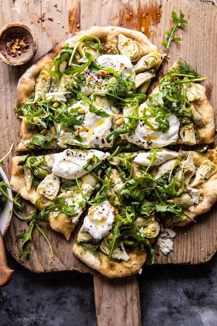Artichoke Pesto and Burrata Pizza with Lemony Arugula | halfbakedharvest.com #pizza #healthy #burrata #easyrecipes