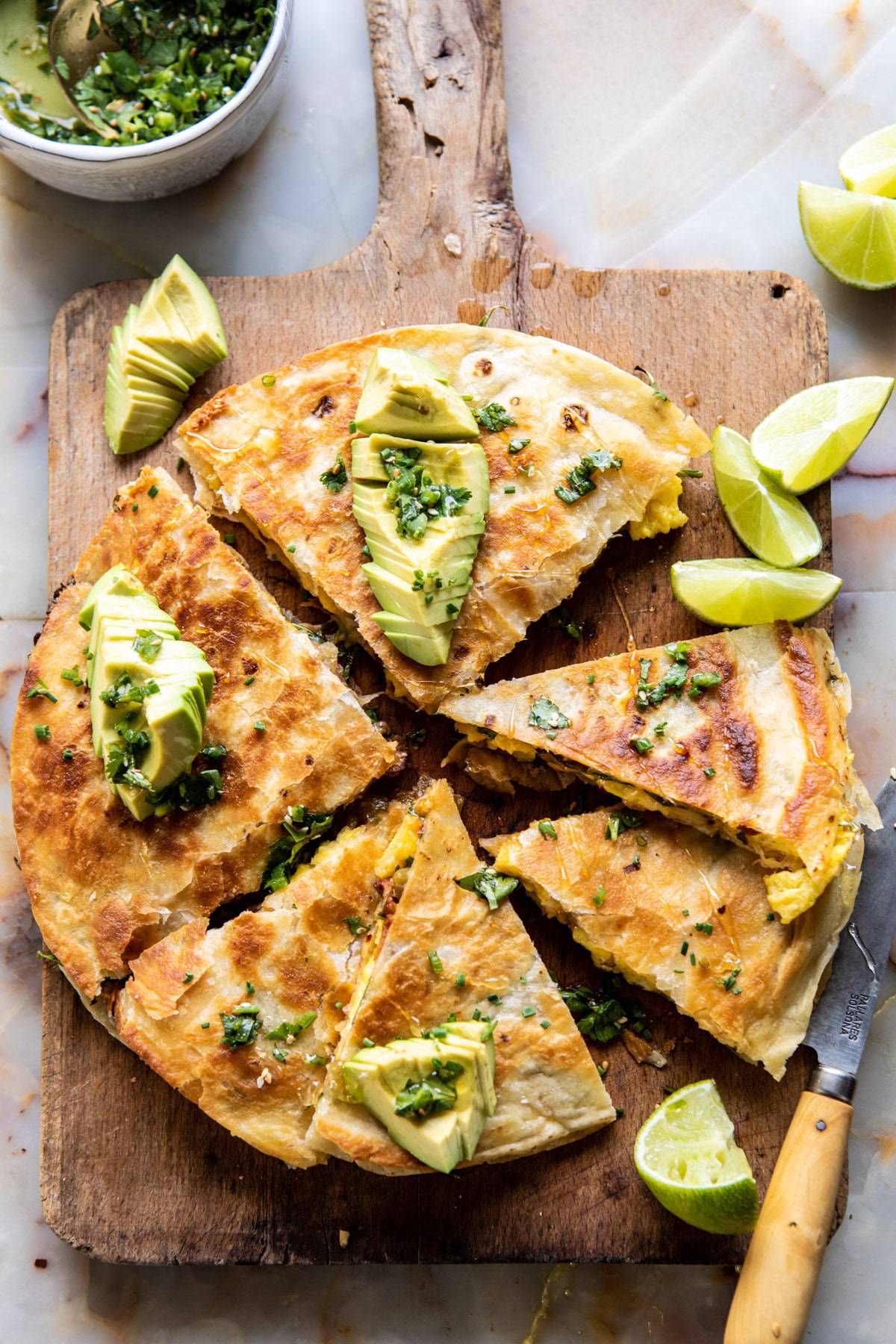 Breakfast Quesadilla with Soft Scrambled Eggs and Avocado Salsa | halfbakedharvest.com #breakfast #mexican #easyrecipes #brunch #eggs #avocado