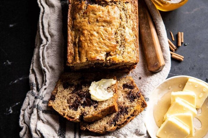 horizontal photo of Chocolate Chunk Coconut Banana Bread 
