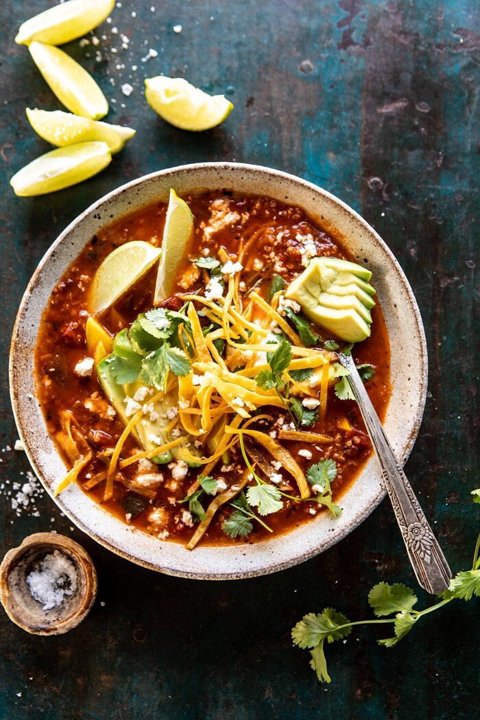 Crockpot Spicy Vegetarian Tortilla Soup with Quinoa | halfbakedharvest.com #crockpot #slowcooker #easyrecipes #healthyrecipes #healthyjanuary #mexican #soup