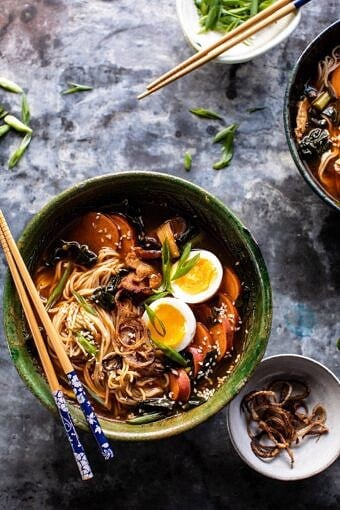 Feel Good Spicy Ramen with Sweet Potatoes and Crispy Shallots | halfbakedharvest.com #noodles #ramen #healthyrecipes #sweetpotatoes #winterrecipes #soup