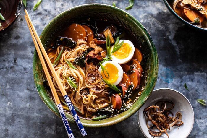 horizontal photo of Feel Good Spicy Ramen with Sweet Potatoes and Crispy Shallots 