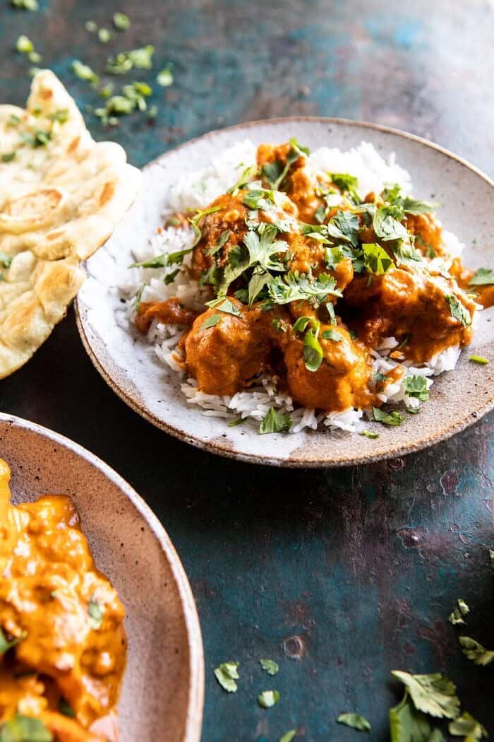 Indian Coconut Butter Cauliflower | halfbakedharvest.com #healthyrecipes #Indian #cauliflower #30minutes #easyrecipes side angle photo of Indian Coconut Butter Cauliflower