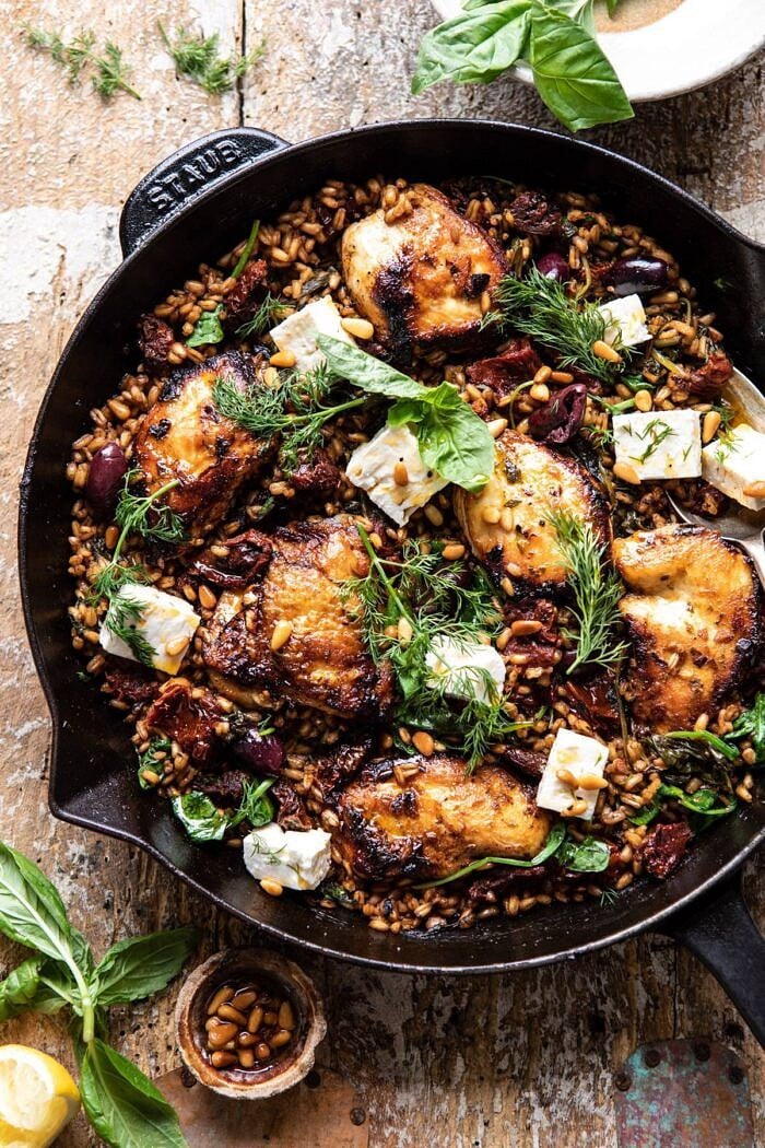 One Skillet Greek Sun-Dried Tomato Chicken and Farro | halfbakedharvest.com #skilletrecipes #chicken #healthyrecipes #onepan #easyrecipes