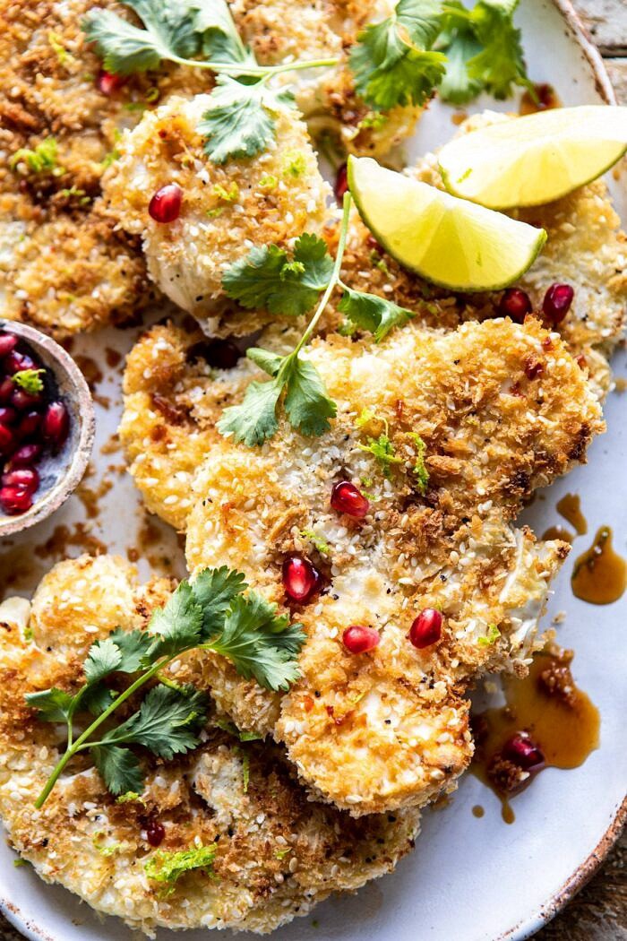 overhead close up photo of Sesame Crusted Cauliflower with Pomegranate Ponzu Sauce 