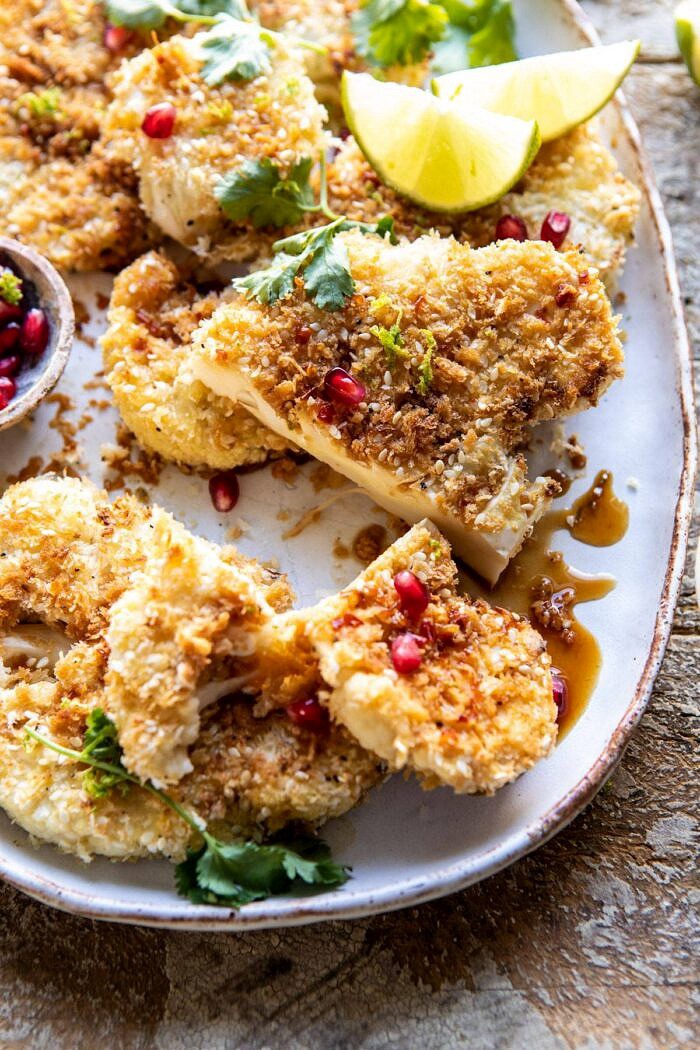 overhead photo of Sesame Crusted Cauliflower cut in half