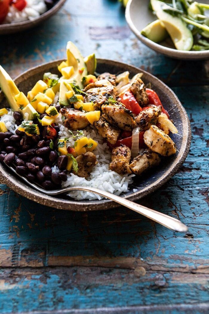 side angled photo of Sheet Pan Cuban Chicken and Black Bean Rice Bowl 