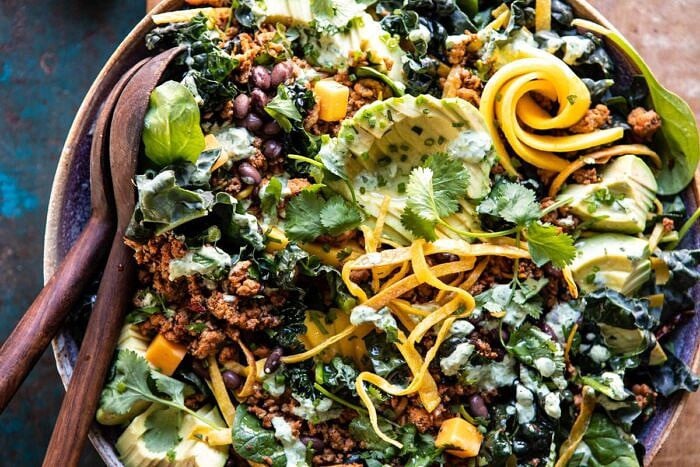 Spicy Turkey Taco Salad with Baja Dressing | halfbakedharvest.com #tacos #salad #avocado #healthyrecipes #mexican #easyrecipes horizontal photo of Spicy Turkey Taco Salad with Baja Dressing
