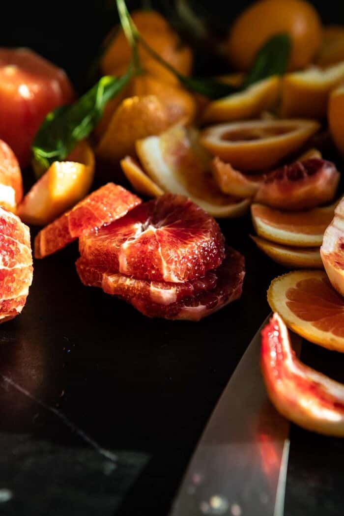 The Simplest Ombrè Citrus Cream Tart | halfbakedharvest.com #dessert #winter #citrus #healthyrecipes #easyrecipes raw sliced blood orange