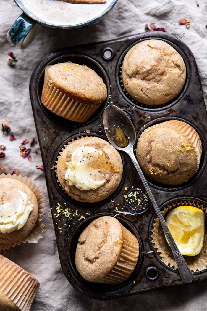 overhead photo of Vanilla Chai Lemon Ricotta Muffins 