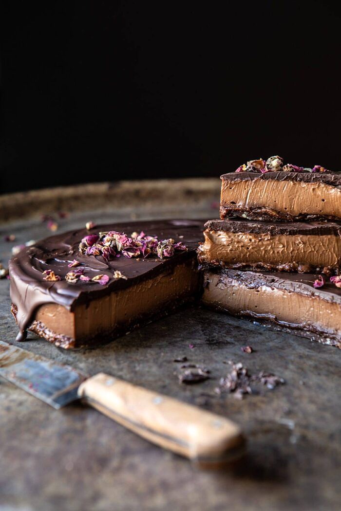 side angle photo of Vegan Triple Chocolate Mousse Cake 