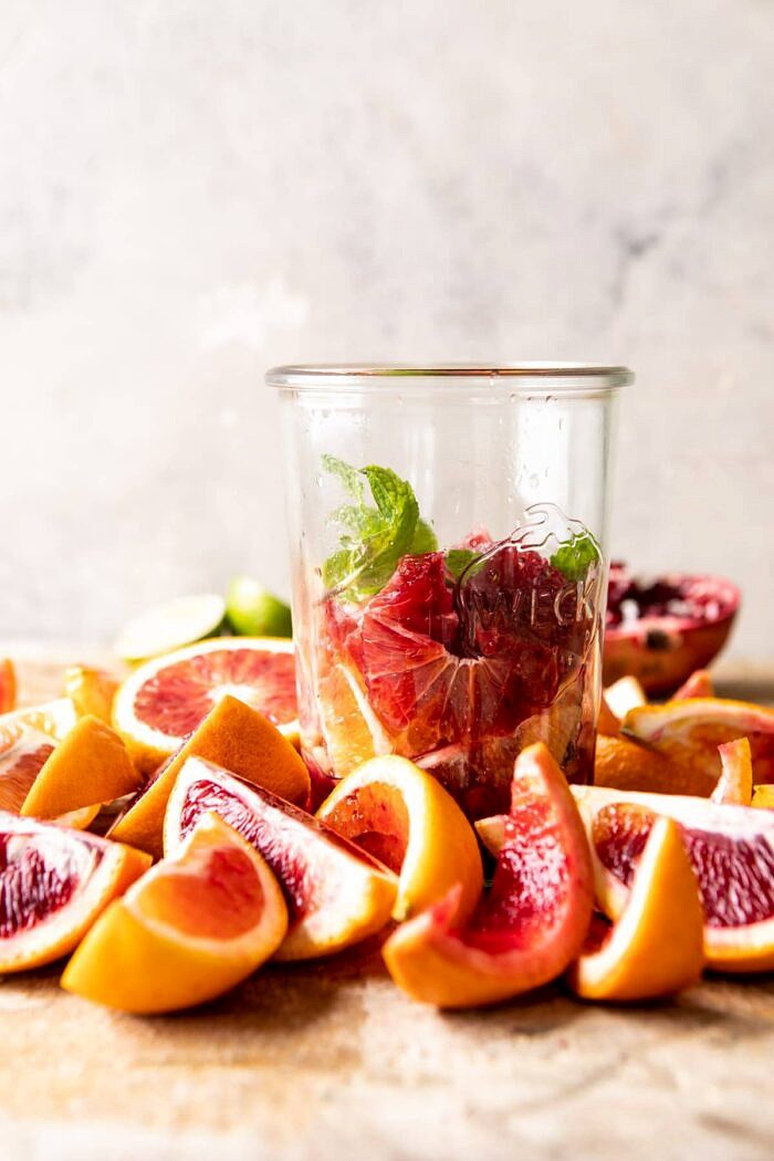 Winter Citrus Tequila Smash in cocktail mixing jar