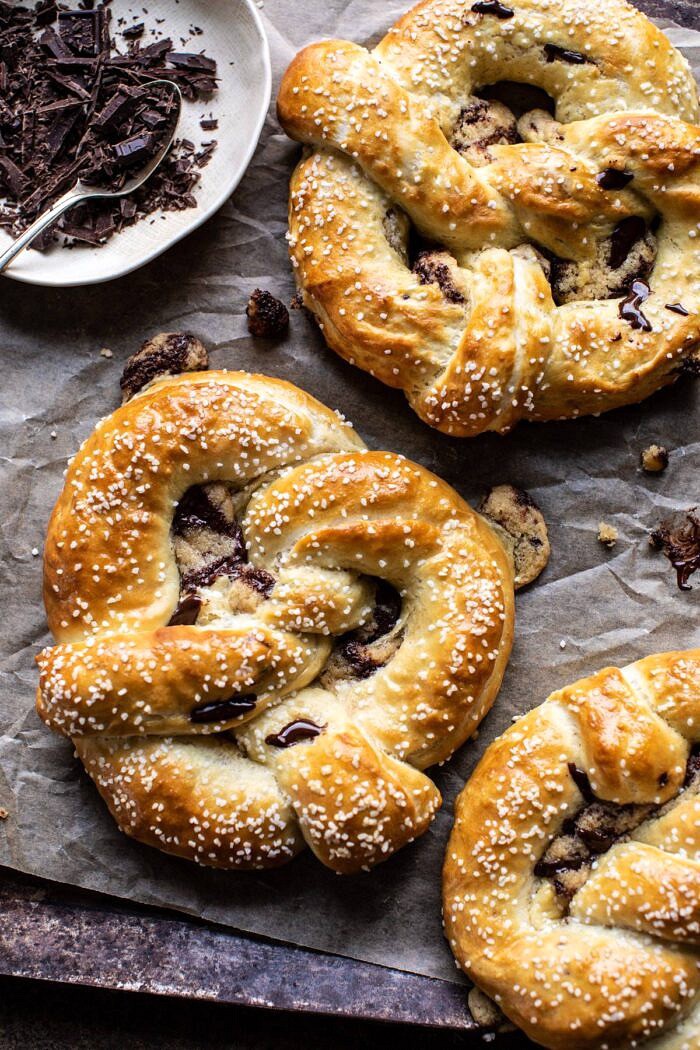 overhead photo of Chocolate Chip Cookie Stuffed Soft Pretzels 