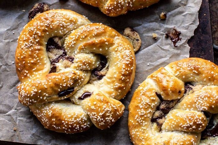 horizontal photo of Chocolate Chip Cookie Stuffed Soft Pretzels 