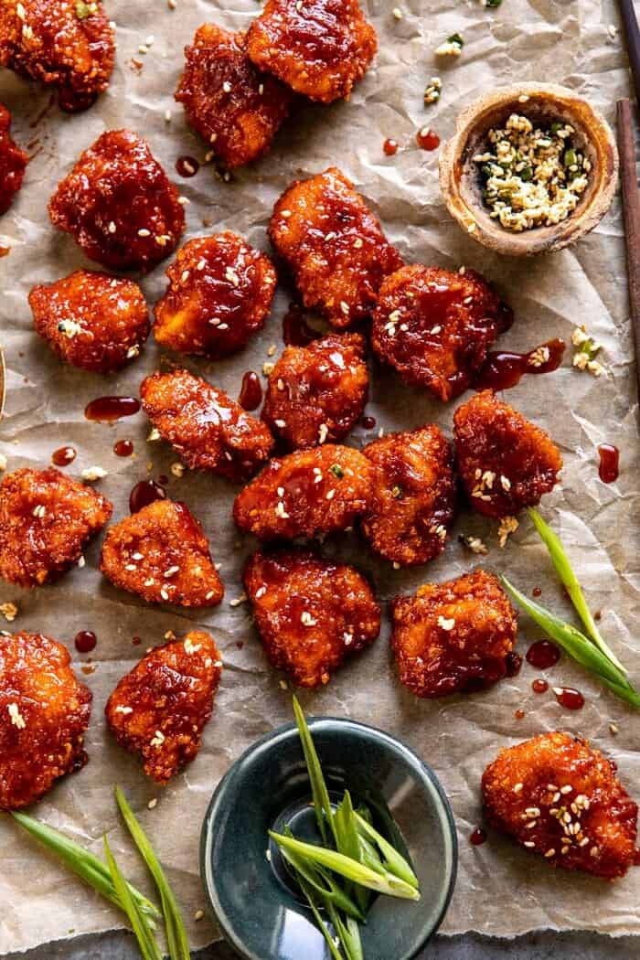 Oven Fried Korean Popcorn Chicken | halfbakedharvest.com #chicken #koreanrecipes #easyrecipes #dinnerrecipes overhead close up photo of Oven Fried Korean Popcorn Chicken