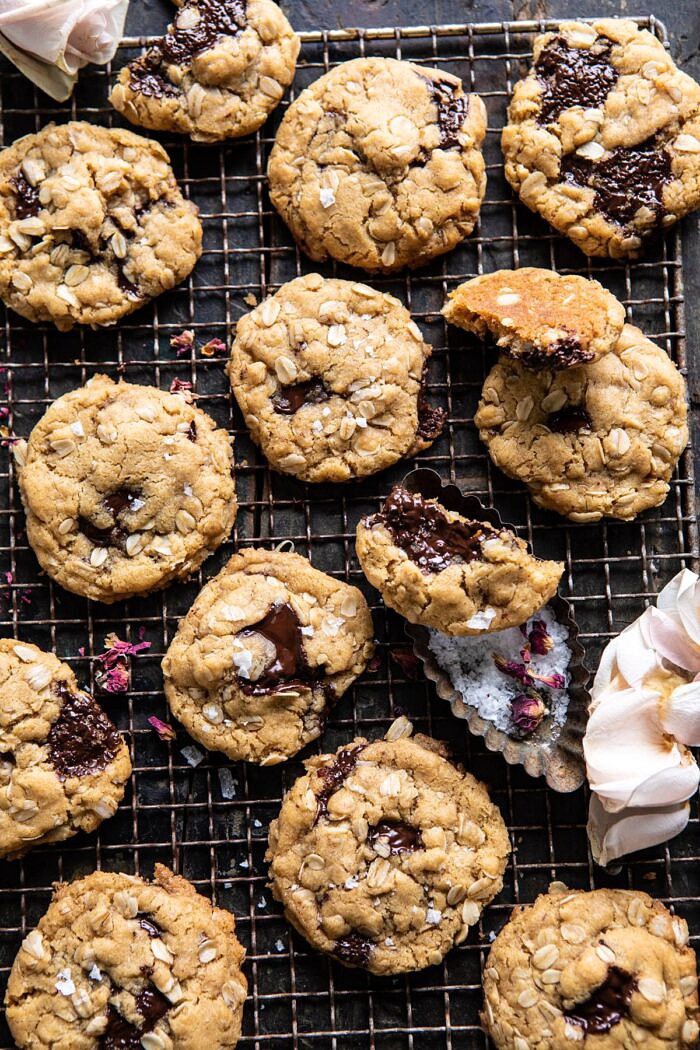 overhead photo of Peanut Butter Chocolate Chunk Oatmeal Cookies 