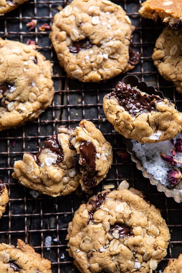 side angled close up photo of Peanut Butter Chocolate Chunk Oatmeal Cookies 
