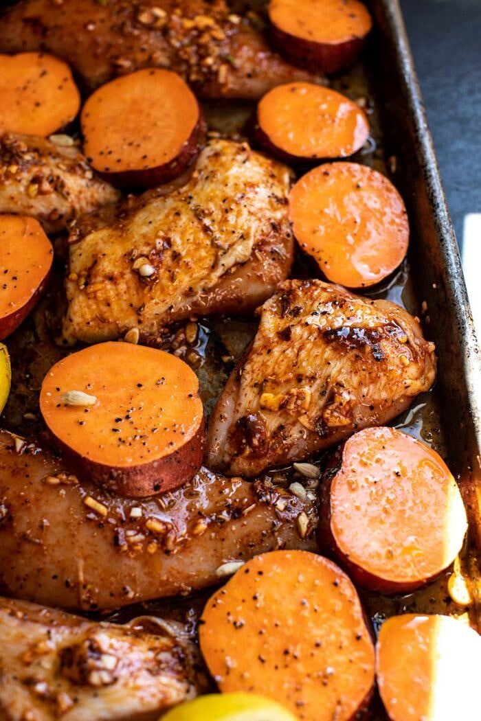 Sheet Pan Chicken Shawarma with Sesame Sweet Potatoes before baking
