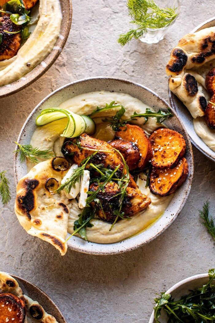Sheet Pan Chicken Shawarma with Sesame Sweet Potatoes and Hummus | halfbakedharvest.com #easyrecipes #healthyrecipes #sheetpan #chickenrecipes #hummus