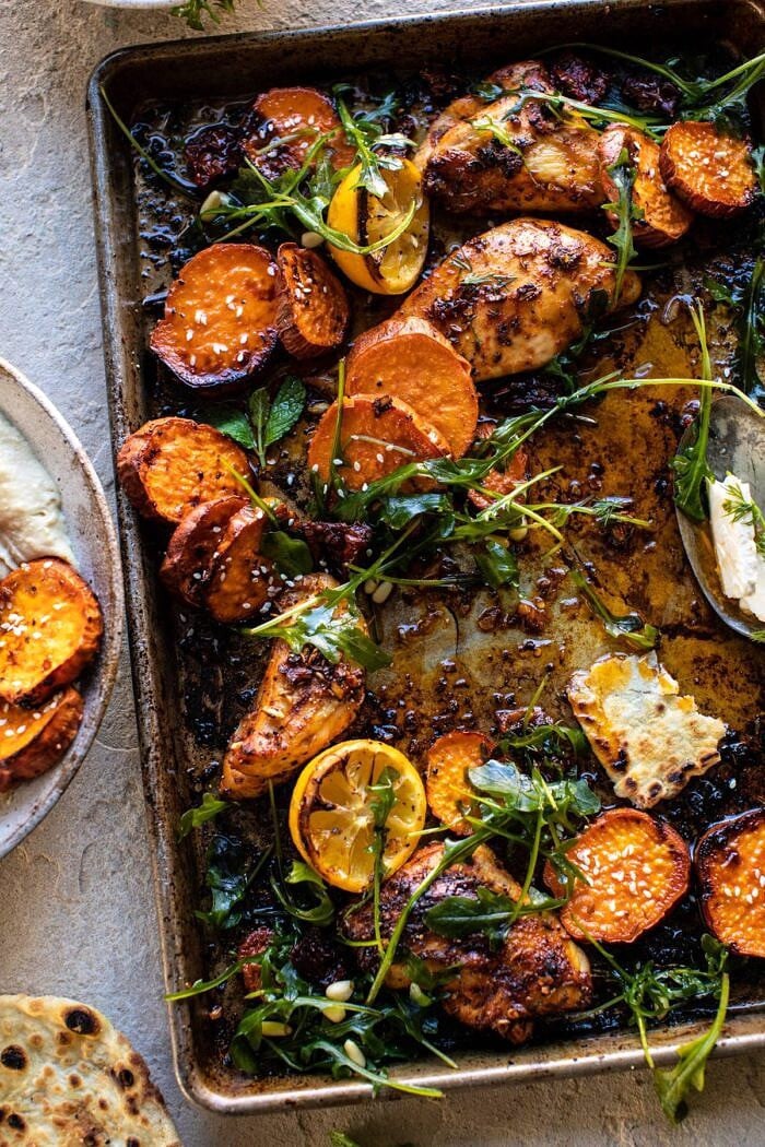 overhead photo of Sheet Pan Chicken Shawarma with Sesame Sweet Potatoes