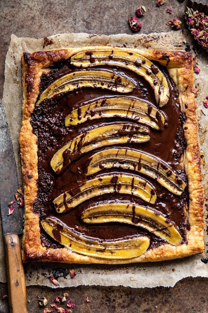 Warm Chocolate Banana Galette | halfbakedharvest.com #banana #chocolate #dessert #easyrecipes #chocolaterecipes #baking overhead photo of Warm Chocolate Banana Galette without ice cream