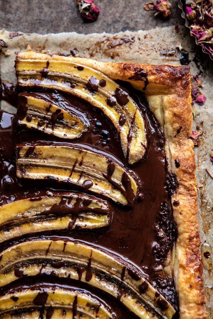 Warm Chocolate Banana Galette | halfbakedharvest.com #banana #chocolate #dessert #easyrecipes #chocolaterecipes #baking overhead close up photo of Warm Chocolate Banana Galette