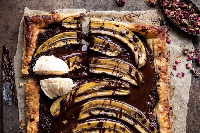 Warm Chocolate Banana Galette | halfbakedharvest.com #banana #chocolate #dessert #easyrecipes #chocolaterecipes #baking horizontal photo of Warm Chocolate Banana Galette