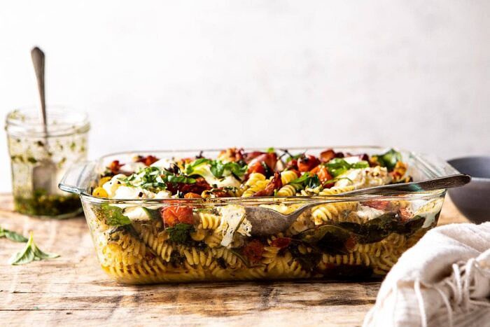Caprese Pesto Pasta Bake | halfbakedharvest.com #caprese #pesto #pasta #easyrecipes horizontal photo of Caprese Pesto Pasta Bake