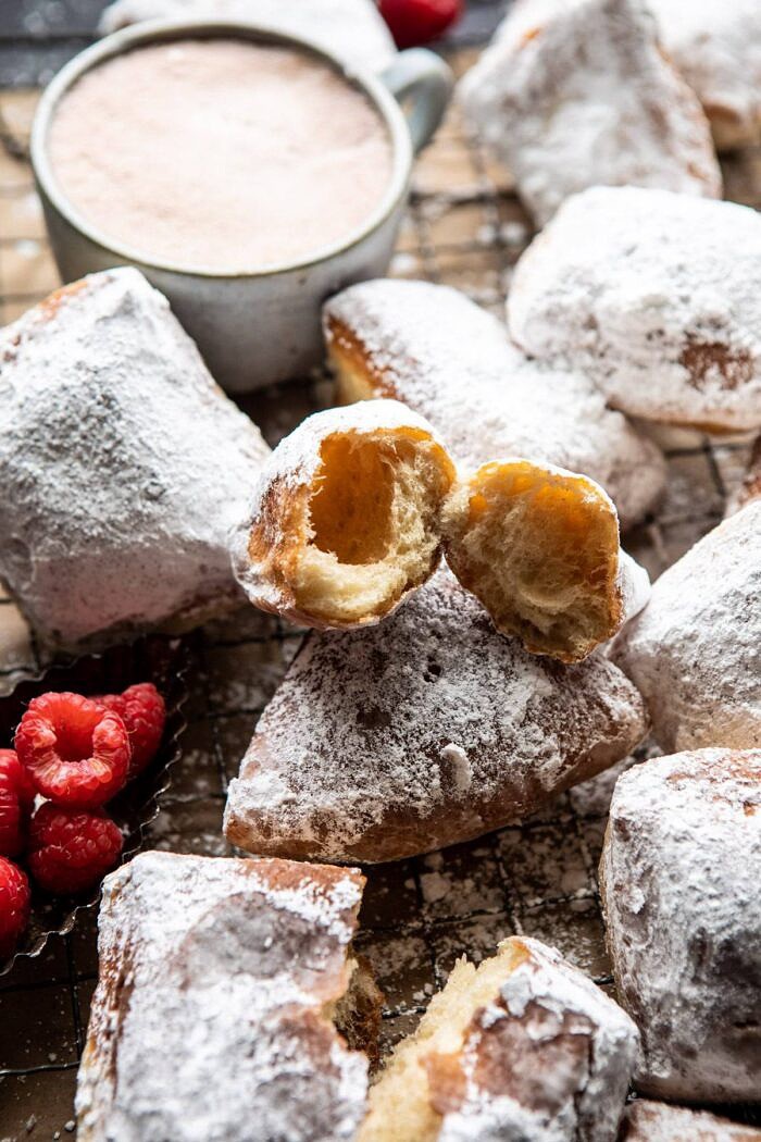 Easiest Cinnamon Buttermilk Beignets broken in half