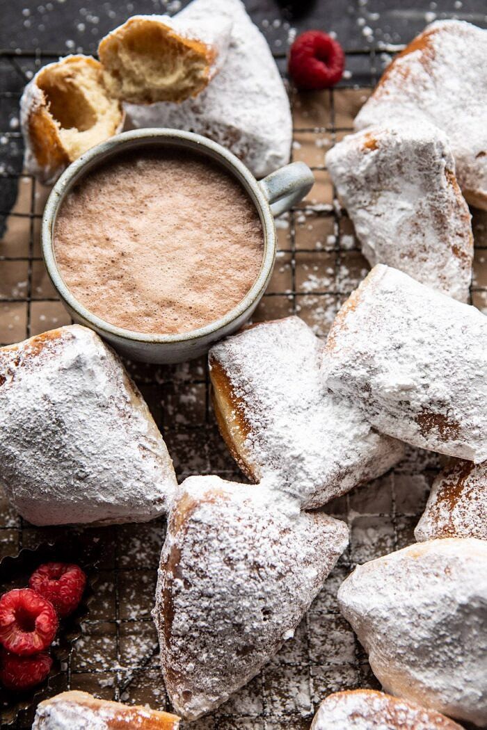 overhead close up photo of Easiest Cinnamon Buttermilk Beignets 