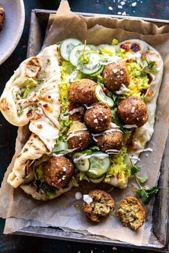 Falafel Naan Wraps with Golden Rice and Special Sauce | halfbakedharvest.com #falafel #wraps #middleeastern #vegan