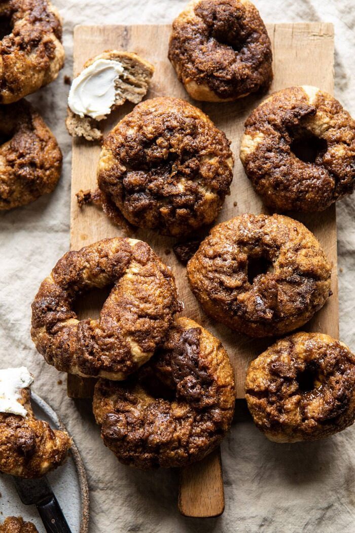 Homemade Cinnamon Crunch Bagels | halfbakedharvest.com #homemade #bagels #easyrecipes #brunch #breakfast overhead photo of Homemade Cinnamon Crunch Bagels