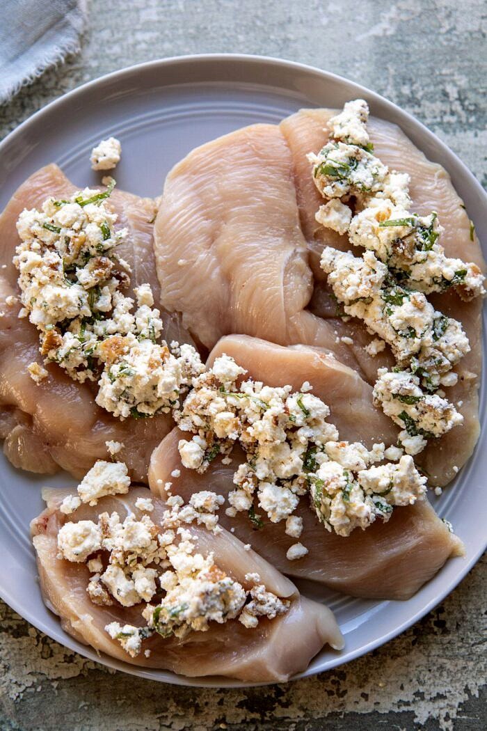 One Skillet Goat Cheese Stuffed Chicken and Orzo | halfbakedharvest.com #skilletchicken #skilletrecipes #easyrecipes #dinner raw chicken stuffed with goat cheese