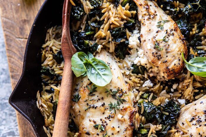 One Skillet Goat Cheese Stuffed Chicken and Orzo | halfbakedharvest.com #skilletchicken #skilletrecipes #easyrecipes #dinner horizontal photo of One Skillet Goat Cheese Stuffed Chicken and Orzo