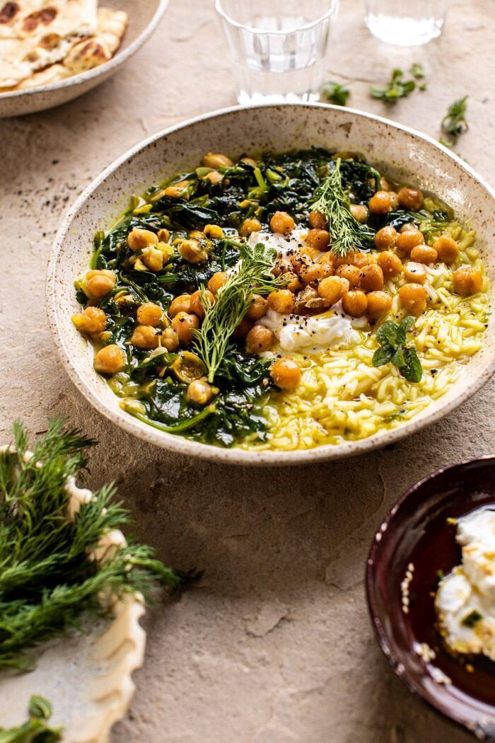 Persian Herb and Chickpea Stew with Rice | halfbakedharvest.com #healthy #soup #easyrecipes #chickpeas side angled photo of Persian Herb and Chickpea Stew with Rice