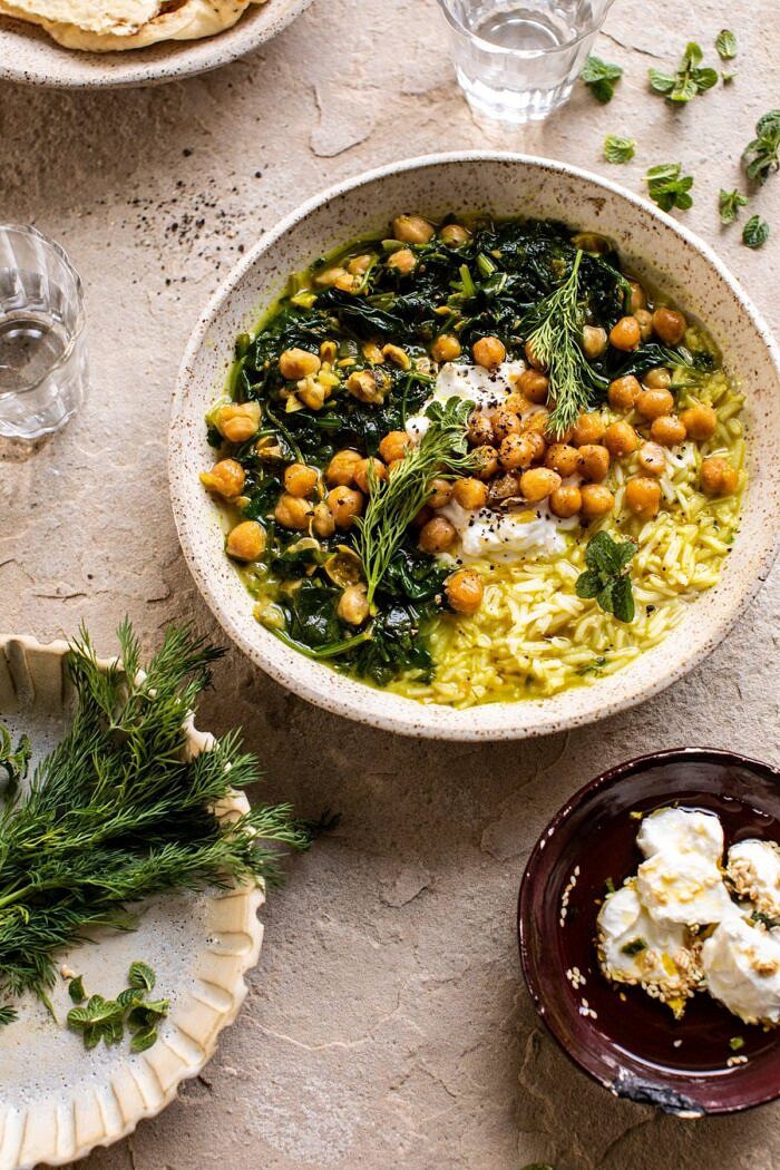 Persian Herb and Chickpea Stew with Rice | halfbakedharvest.com #healthy #soup #easyrecipes #chickpeas overhead photo of Persian Herb and Chickpea Stew with Rice