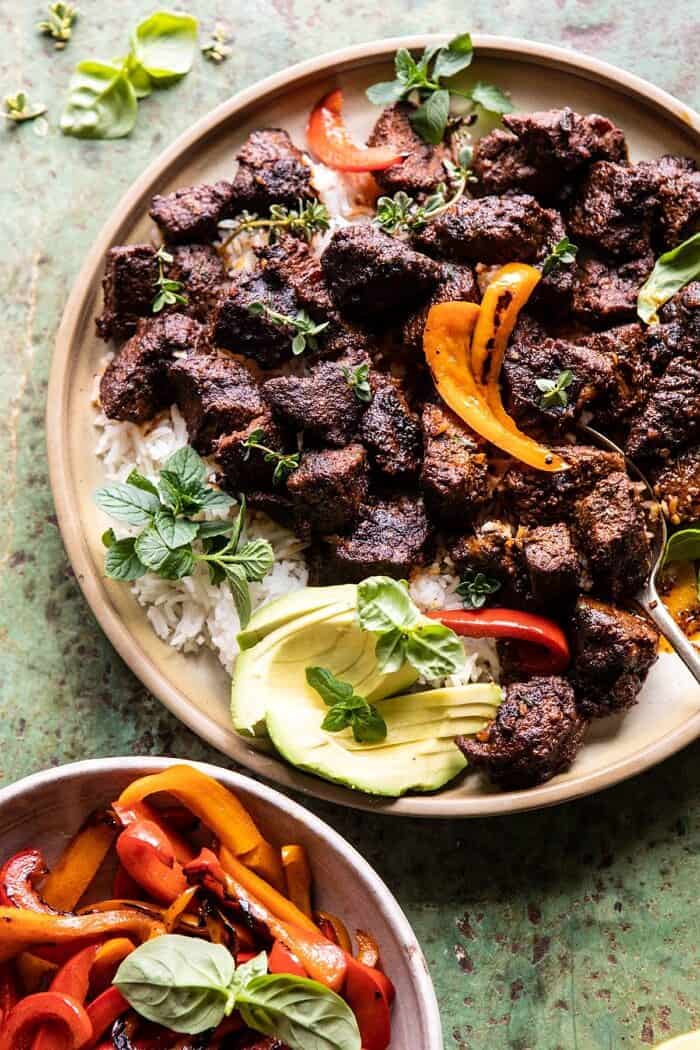 overhead close up photo of 30 Minute Cajun Butter Steak and Peppers 